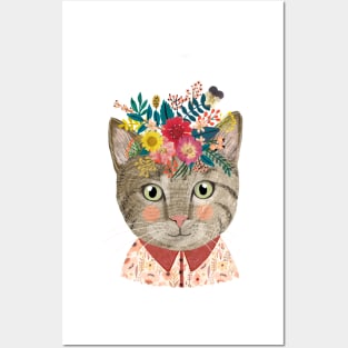 Grey Cat with Flower Crown. Animal lover art Posters and Art